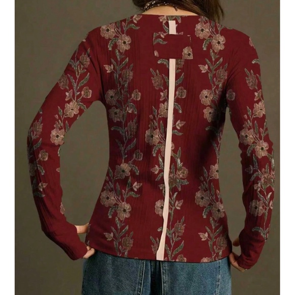 Boho Floral Print Crew Neck Long Sleeve Thumbhole Top - Picture 4 of 4